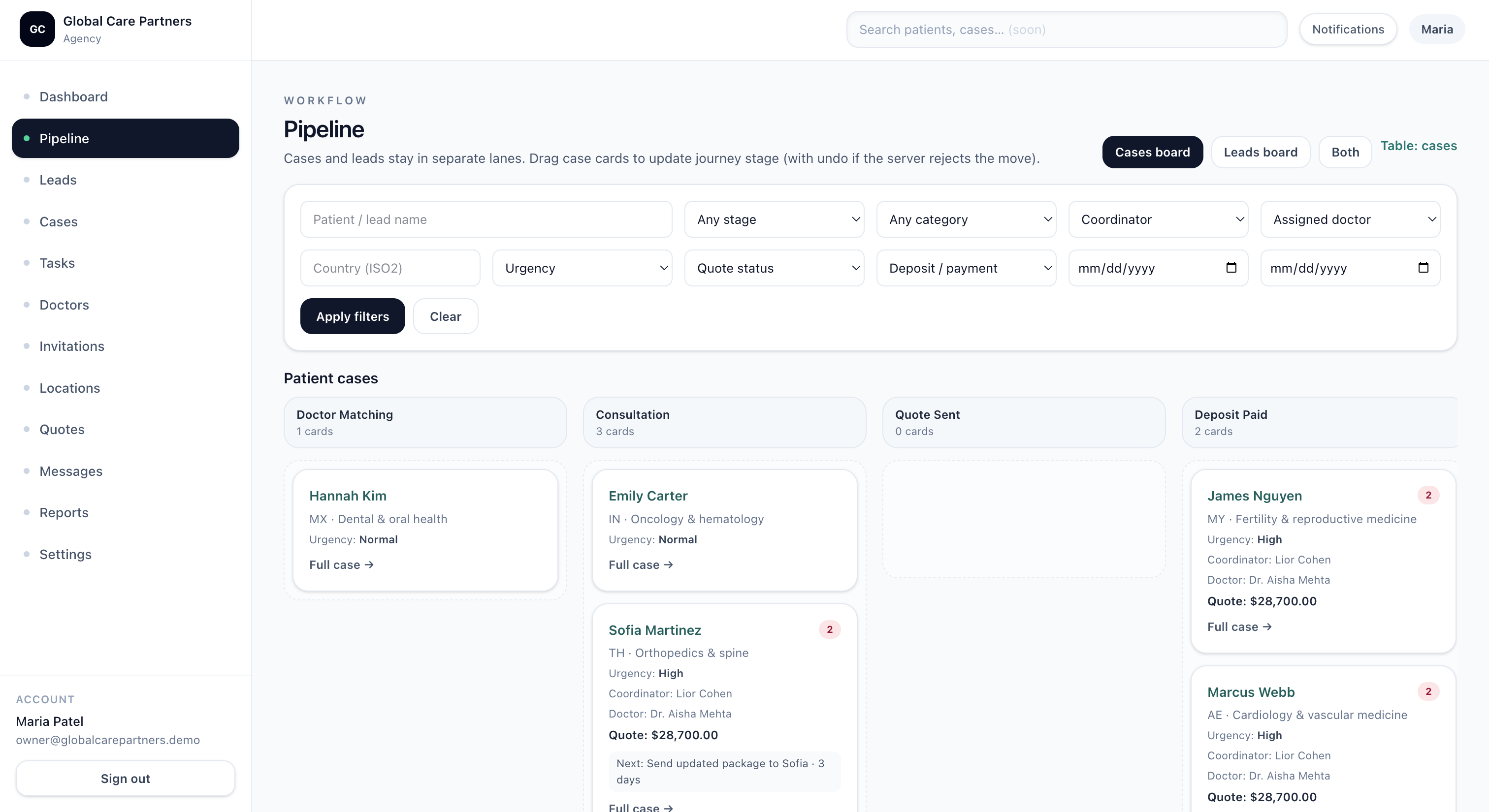 Clear Diagnostix coordinator pipeline showing patient cases across Kanban stages, filters, and case cards.